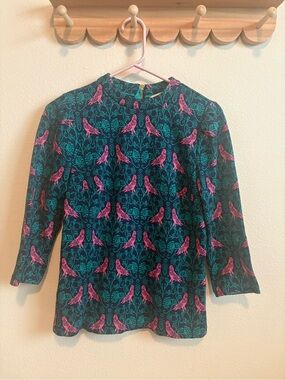 Boden Teal and Pink Bird-Print Blouse
